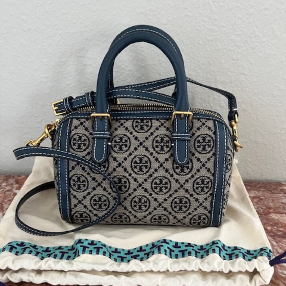 Tory Burch T Monogram Tory Navy Jacquard MINI Barrel/Satchel/Crossbody Bag
